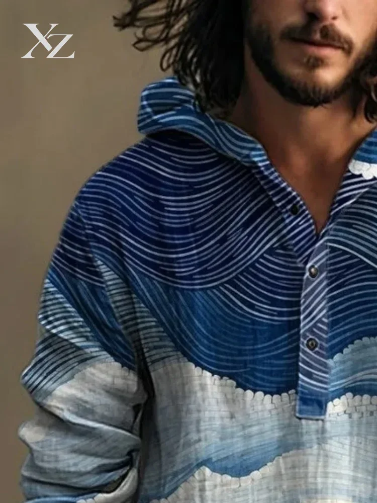 2026 New Autumn Vintage Japanese Sea Wave Art Print Hooded Shirt Button Blouse Casual Loose Tunic for Males Harajuku Fashion