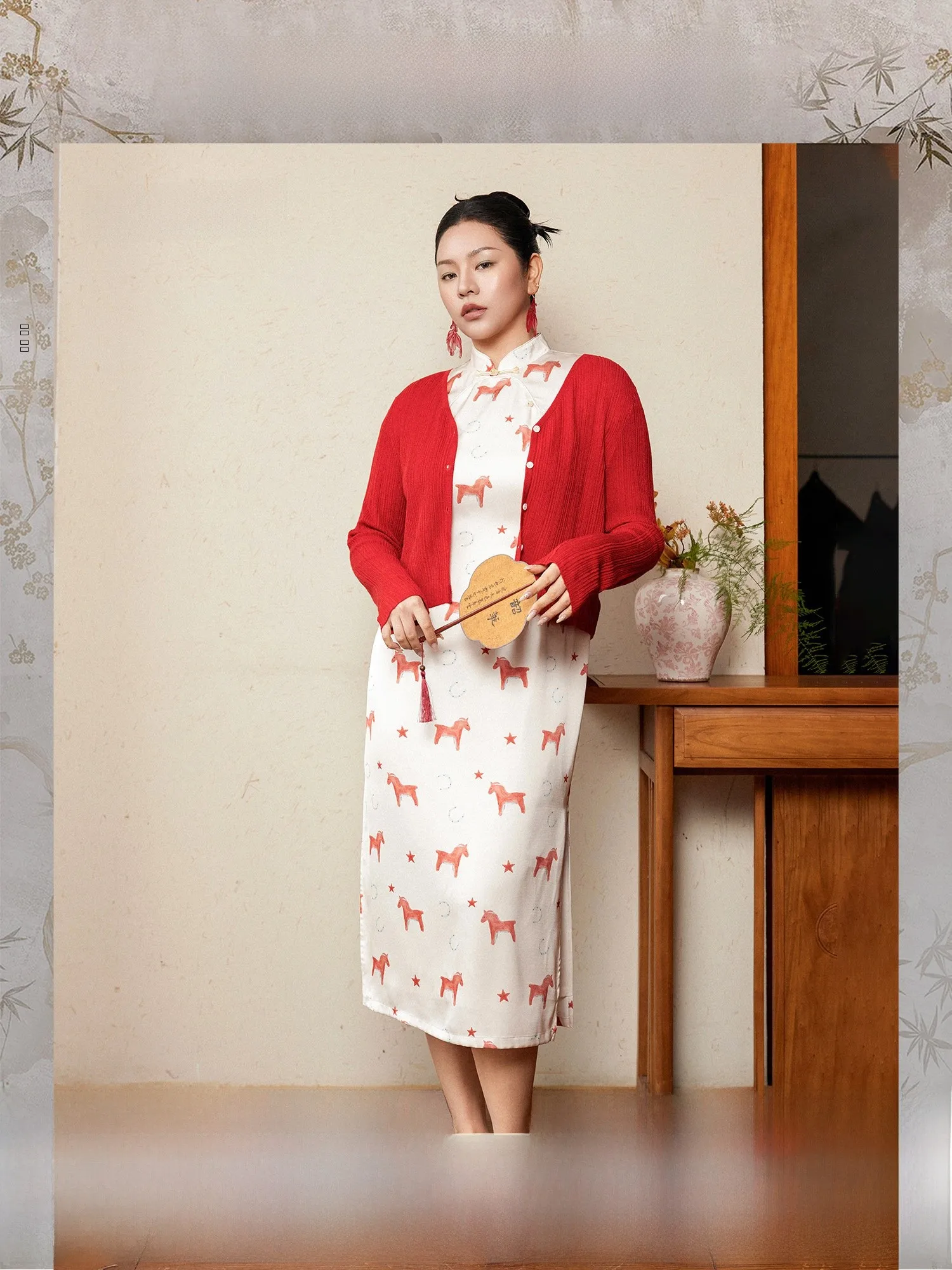 

Plusmall Sweet Apricot Blossom Printed Silk Blend Knitted Open Cardigan Casual Stand Fit Long Sve A-Line Dr