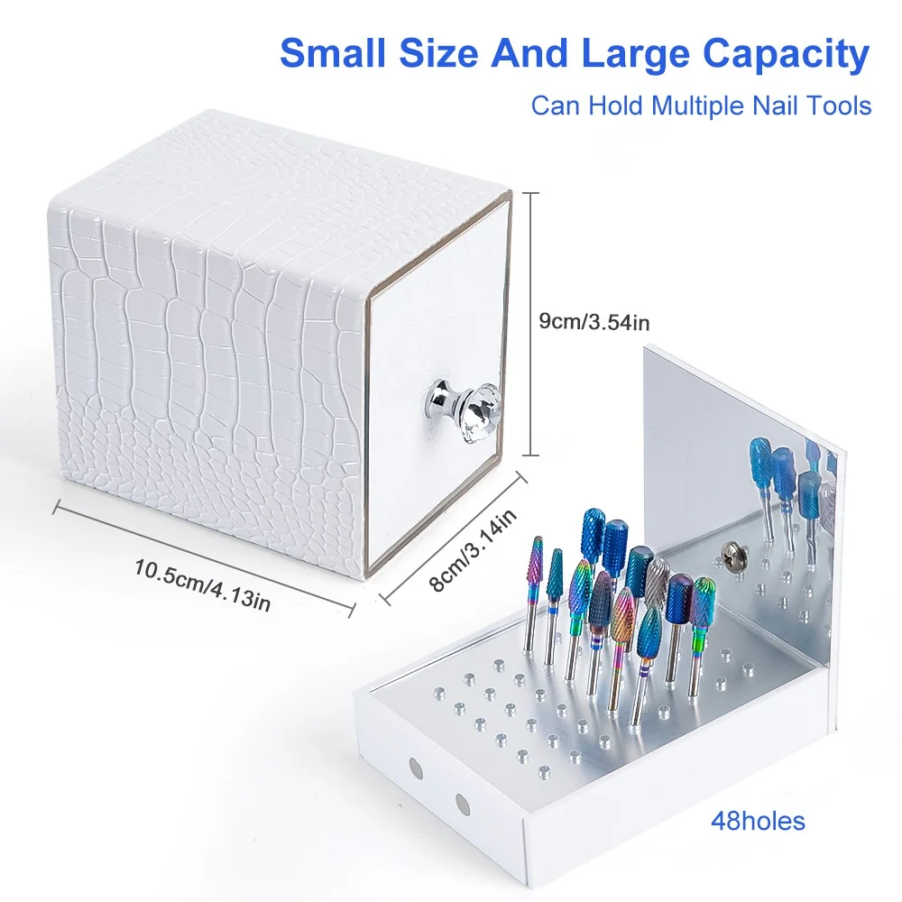 48 Holes Leather Nail Drill Bit Holder Box with UV Light for   Head Cleaning Dustproof Equipment