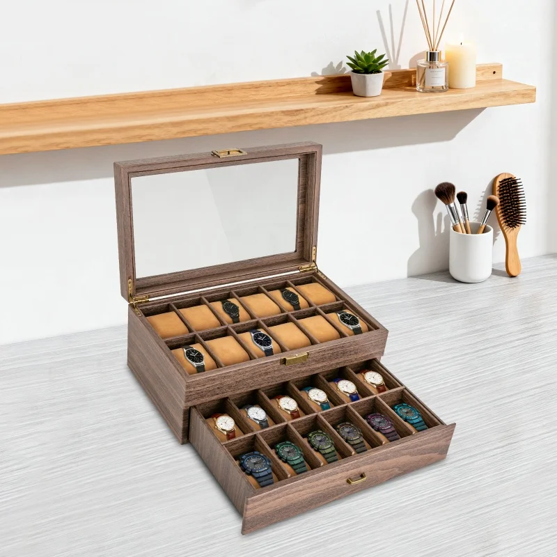 

24 Slots Watch Box Large Capacity Double Layer Watch Storage Case PU Leather Glass Display Jewelry Organizer Box Removable Pillow Home Decor Perfect Father's Day Birthday Anniversary Gift For Dad Men