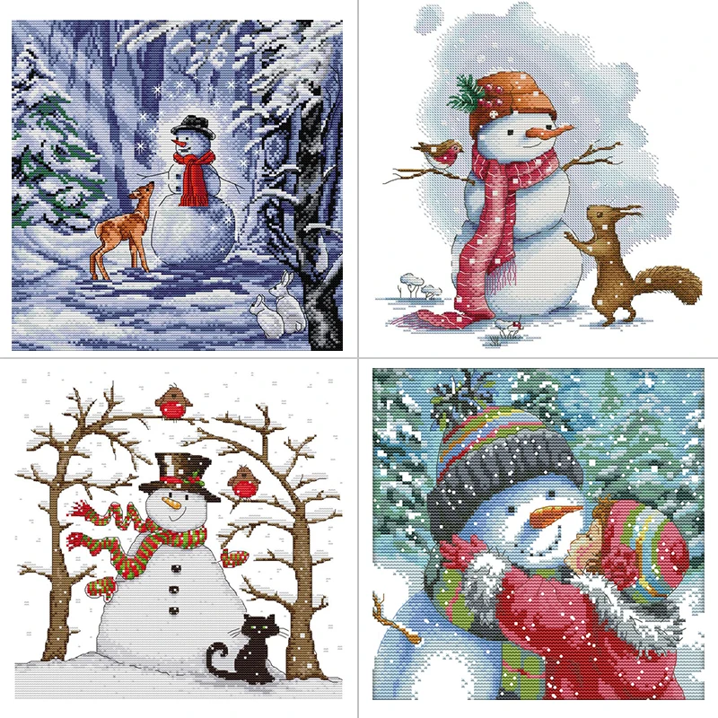 Cartoon Snowman Series Cross Stitch Kit 14CT 16CT 11CT White Count Canvas Printed Fabric Sewing Kit Kids DIY Hand Embroidery Set