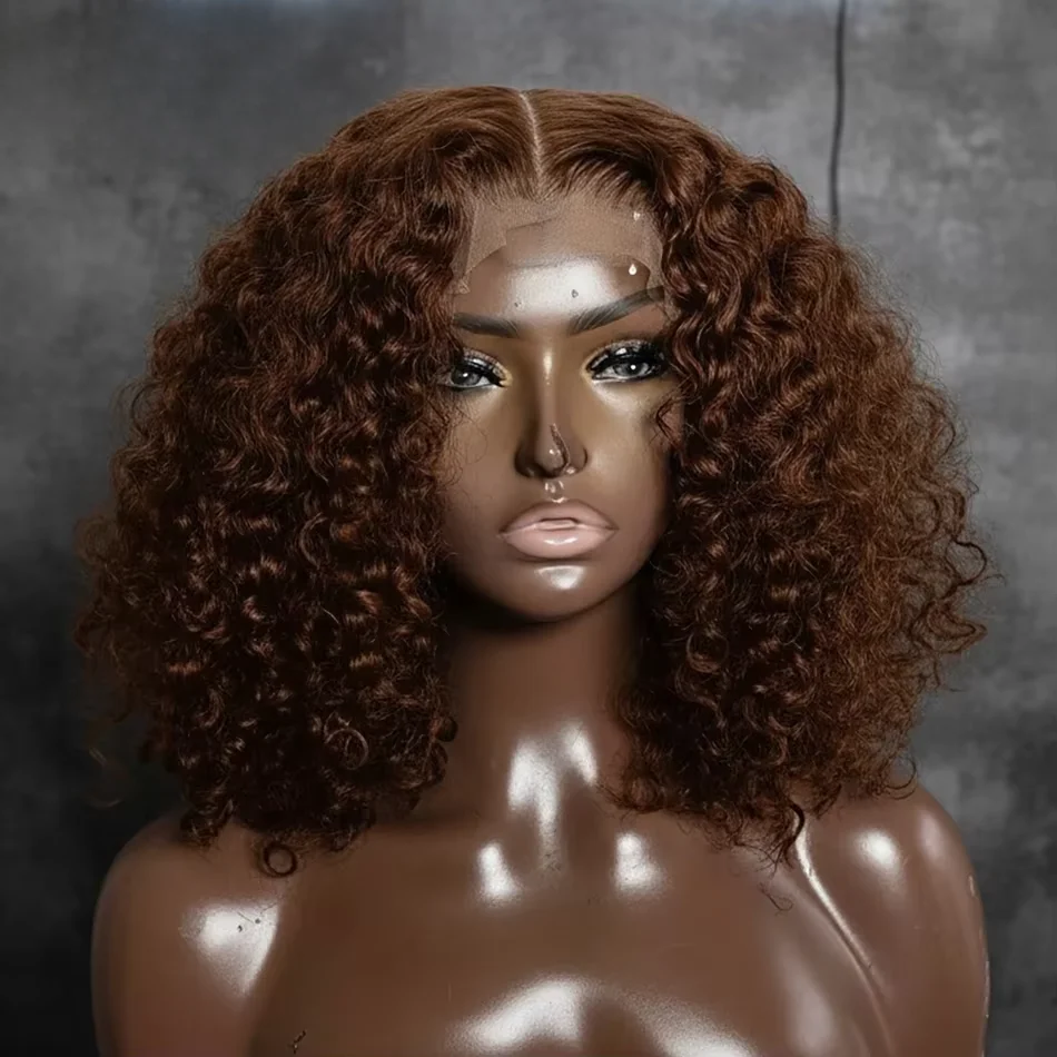 

Натуральные волосы HD 4 # Цветной глубокий кудрявый парик-боб темно-коричневого цвета из натуральных волос, предварительно проработанный, для женщин, 13x4, шоколадно-коричневый, с кружевной передней частью.