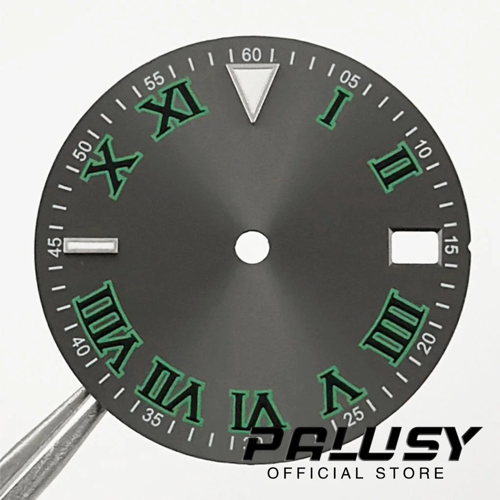 

28.5mm Roman Numeral Watch Dial Green Luminous For NH35 4R35 Movement Replacement Parts Fit 3 O'clock 3.8 O'clock Case Crown