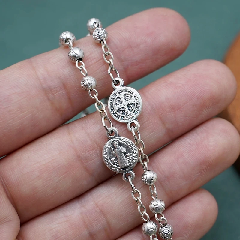 Christian Benedict Jesus Cross Necklace with Pendant Silver Plated Flower Beads Rosary Women Men Chain Fashion Religion Jewelry