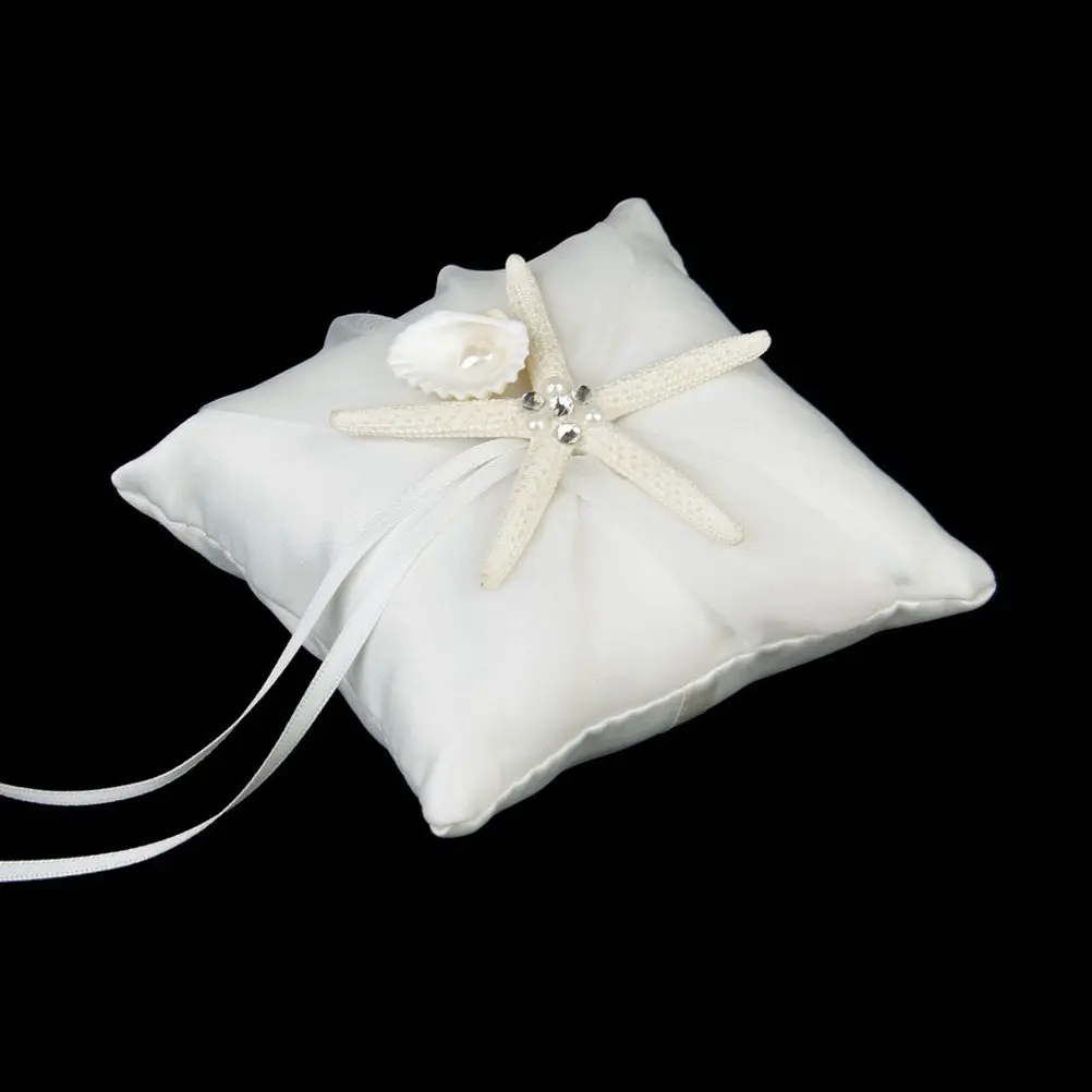 Wedding Ring Bearer Pillow Beach 10x10cm Satin Ribbon Five-Pointed Star Buckle Ring Holder Keepsake
