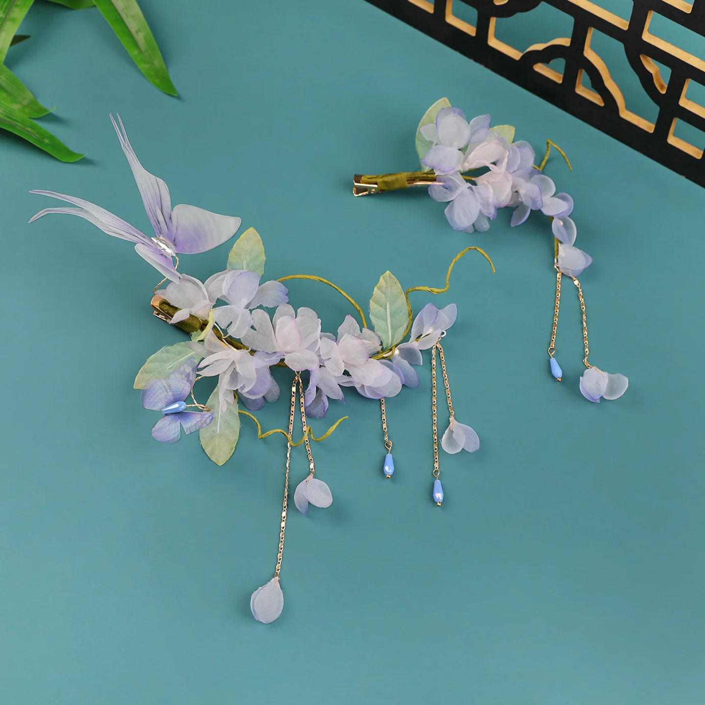 Women Chinese Tang Dynasty Style Purple Handmade Artificial Flower Tassel Hair Clips Traditional Hanfu Hair Accessories For Cosp