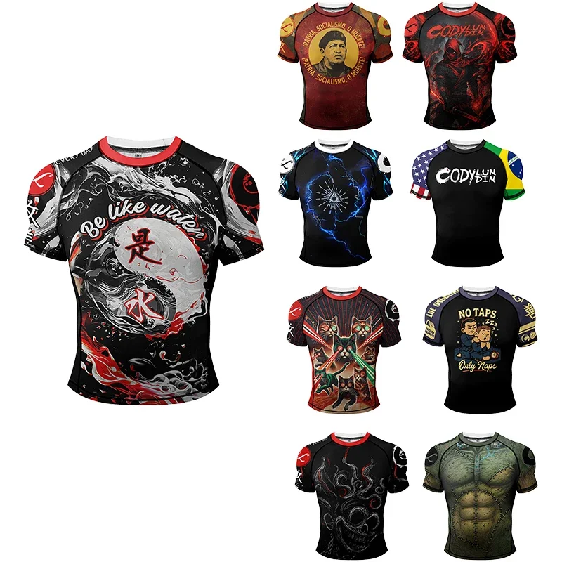 Cody Lundin Rundhals Brazilian Jiu Bjj Rash Guard mit Anti-Rutsch-Bottom und Vollsublimationsdruck Herren Fitness Laufhose