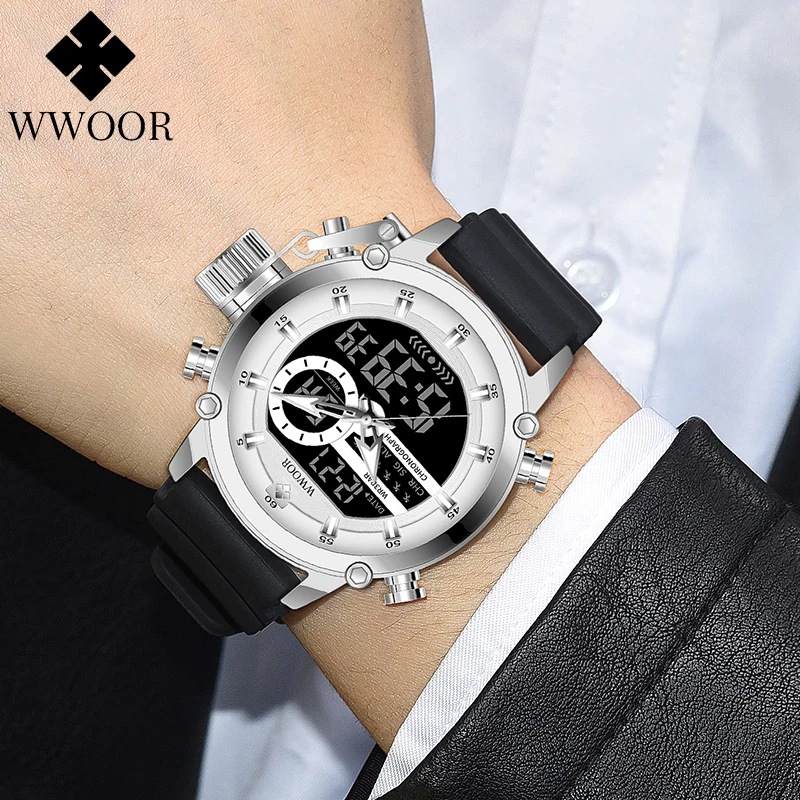 WWOOR New Men Watch Sports Digital Men Quartz Wristwatch Waterproof Date Dual Display Watch Male Clock Fashion Relogio Masculino