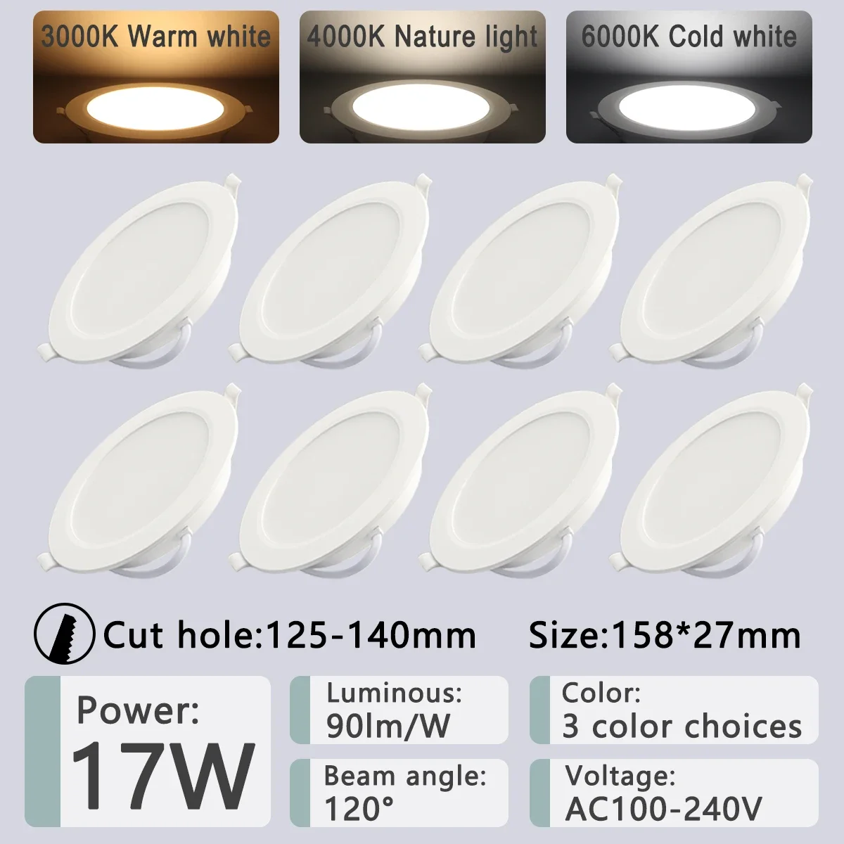 Gatetop 8er-Pack LED-Einbau-Downlight, 3, 4, 5, 6, 8 Zoll, 3000 K, 4000 K, 6000 K, runde LED-Panel-Leuchte, 110 V, 220 V, 230 V, für die Innenbeleuchtung zu Hause 7