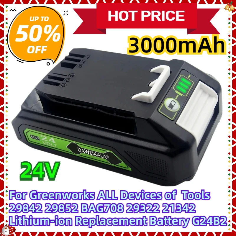 

For Greenworks ALL Devices of 24V Tools 29842 29852 BAG708 29322 21342 24V 3.0Ah Lithium-ion Replacement Battery G24B2