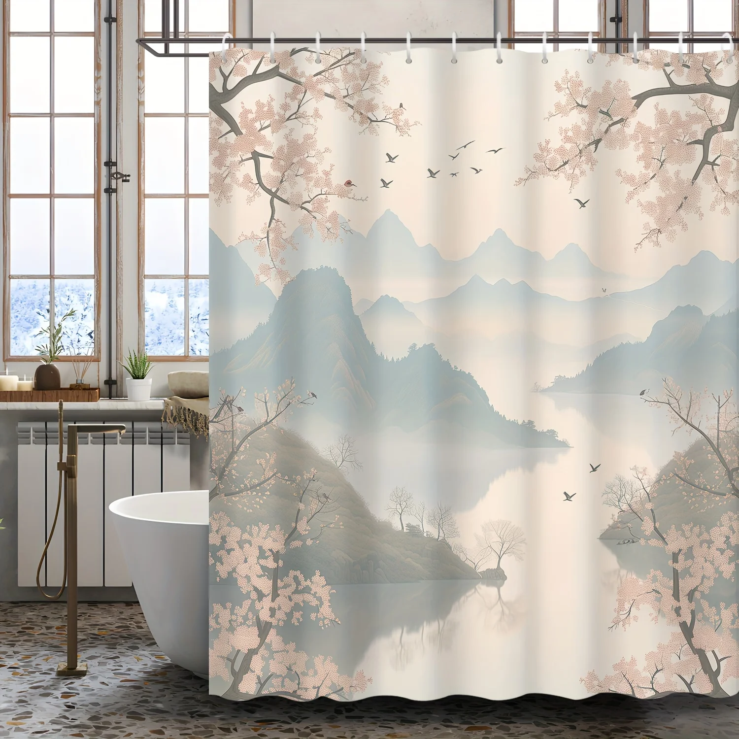 

1 шт., занавеска для душа с цветком вишни и персика, полиэфирная ткань, можно стирать в машине, подходит для ванной комнаты