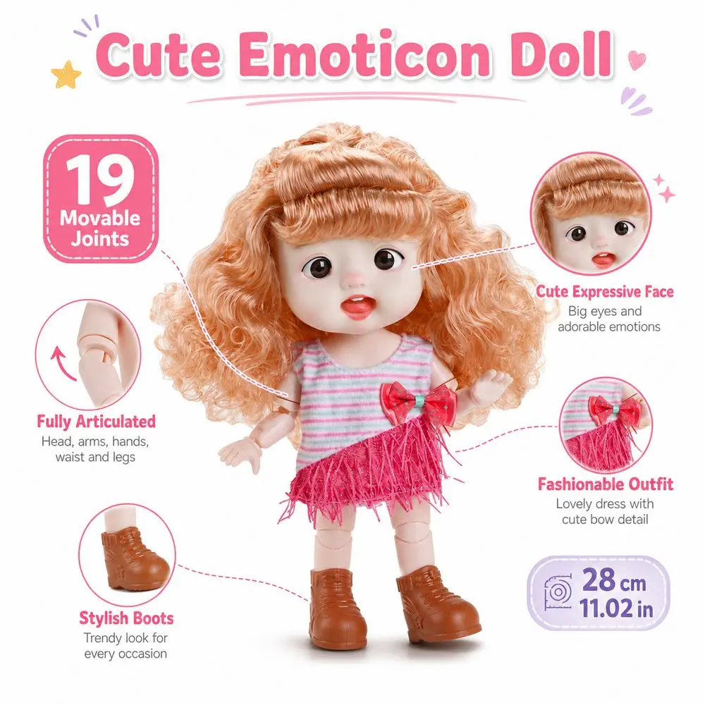28cm 1/6 Scale Multi Joint Doll 19 Joints Movable Cute Emoticon Face Cute Emoticon Doll Dress-Up Feature Loli Princess Doll