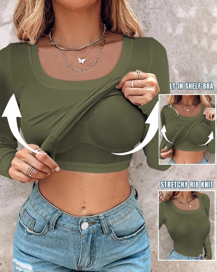 

Women's Fashion Skinny Ribbed Top 2024 Summer Latest Sexy U-Neck Built In Bra Long Sleeve T-Shirt Solid High Stretch Pullover