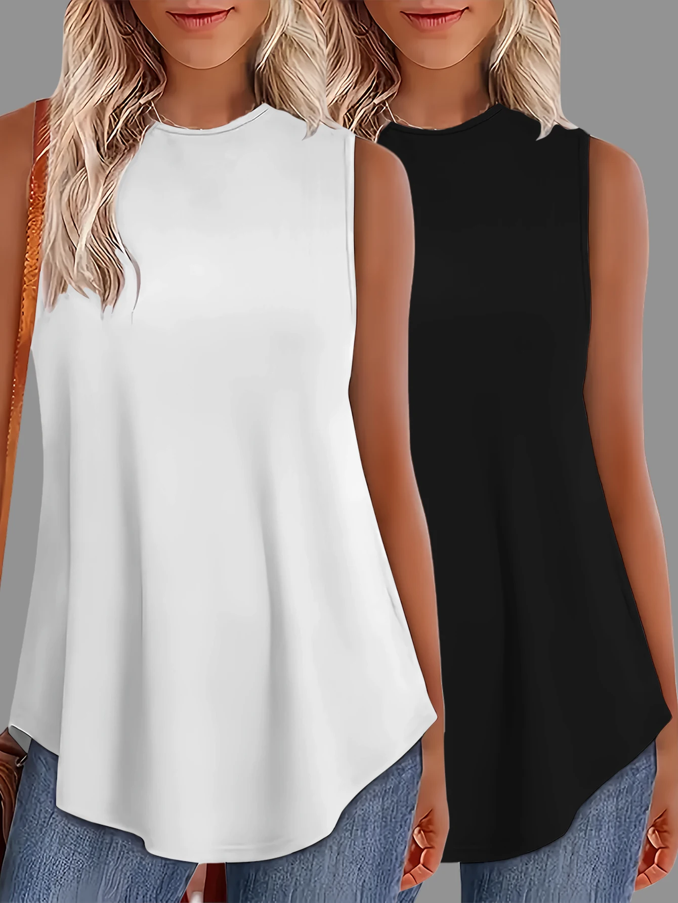 طقم مكون من قطعتين سترة نسائية كاجوال بلون سادة ورقبة دائرية بدون أكمام فضفاضة ومريحة لجميع المواسم