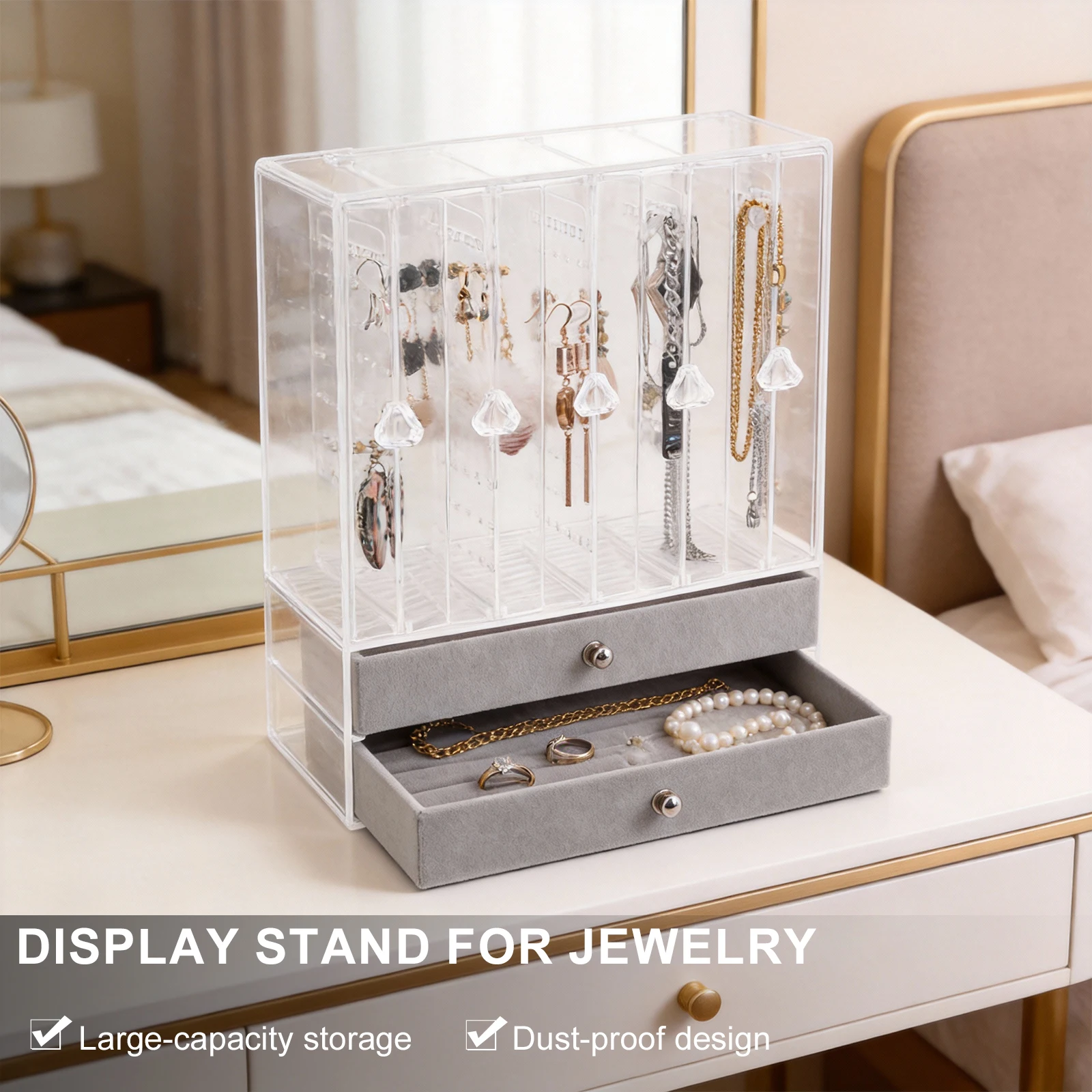 

Вертикальная подставка для серег с выдвижными ящиками, органайзер для украшений, держатель для резинок для волос, браслетов, колец, часов