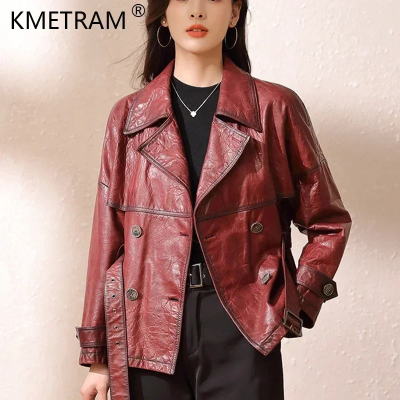 Roupas Femininas Autumn Women's Suit Collar Lace-up Waist Oil Wax Sheepskin Gabardina Mujer Vintage Red Wine Short Trench Coats