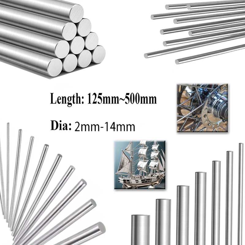 304 Edelstahlstange, Rundstab, lineare Welle, 0,8–14 mm Durchmesser, 125 mm–500 mm Länge für DIY-Automodell, CNC-Handwerk