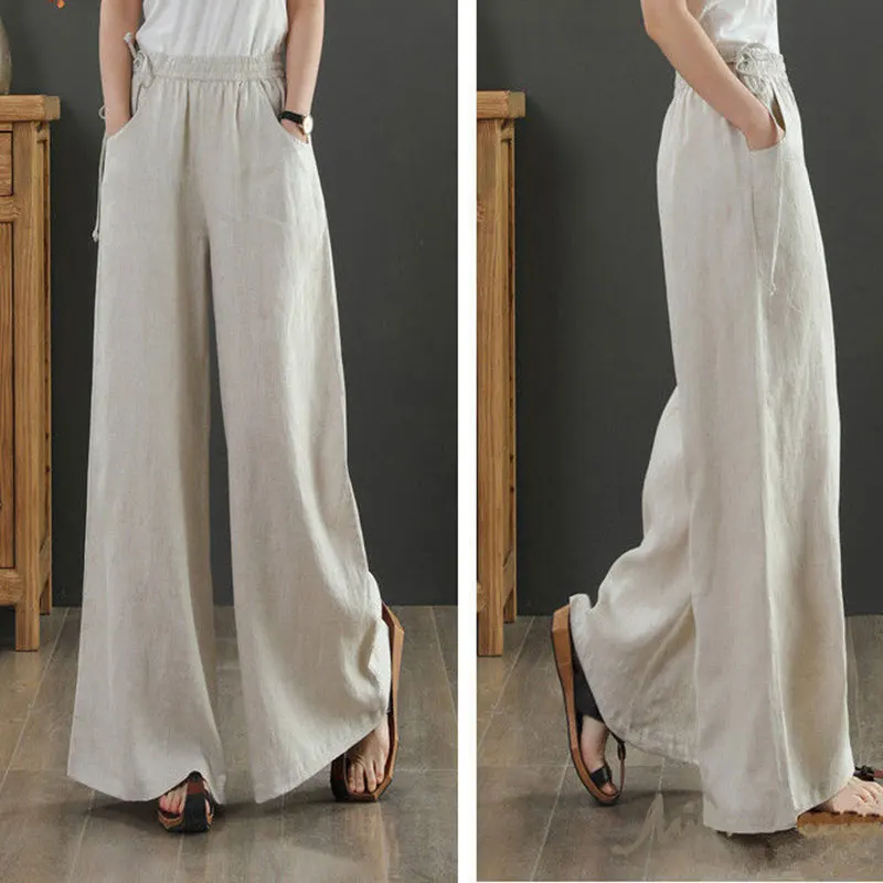 2024 Cotton Linen Wide Leg Pants 4xl Big Size Trousers Women Summer Elastic Waist Casual Ankle-length Pantalones Baggy Sweatpant