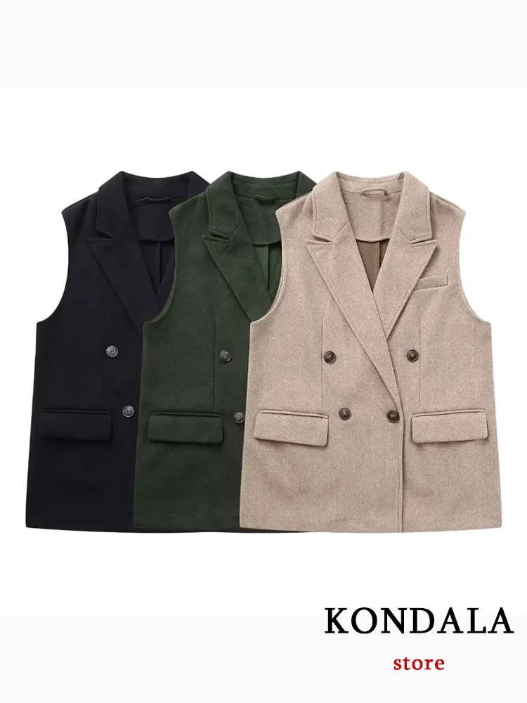 

KONDALA Casual Office Lady Blazer Women Solid V Neck Pockets Sleeveless Double Breasted Long Jacket Fashion 2023 Autumn Coats
