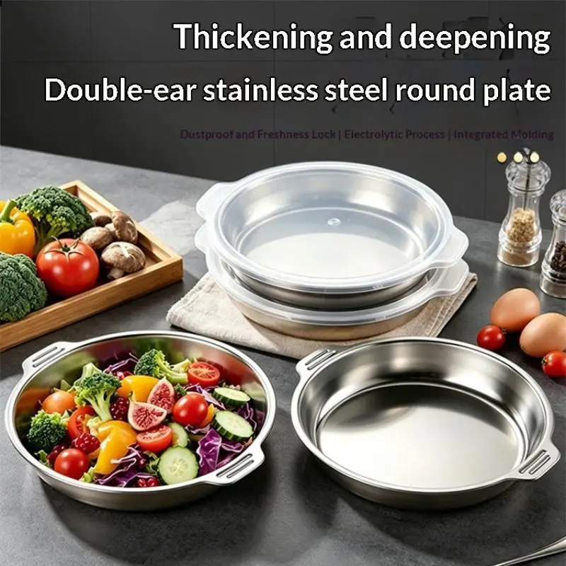 Round Stainless Steel Food Storage Container With Lid Grade- Airtight Tray For Leftovers Snack Box Refrigerator Kitchen Tool