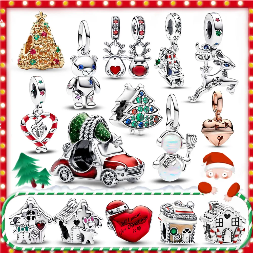 Cute 925 Sterling Silver Festive Car & Christmas Tree Beads Snowman Dangle Charm Fits Brand Bracelet For Kids Christmas Gift