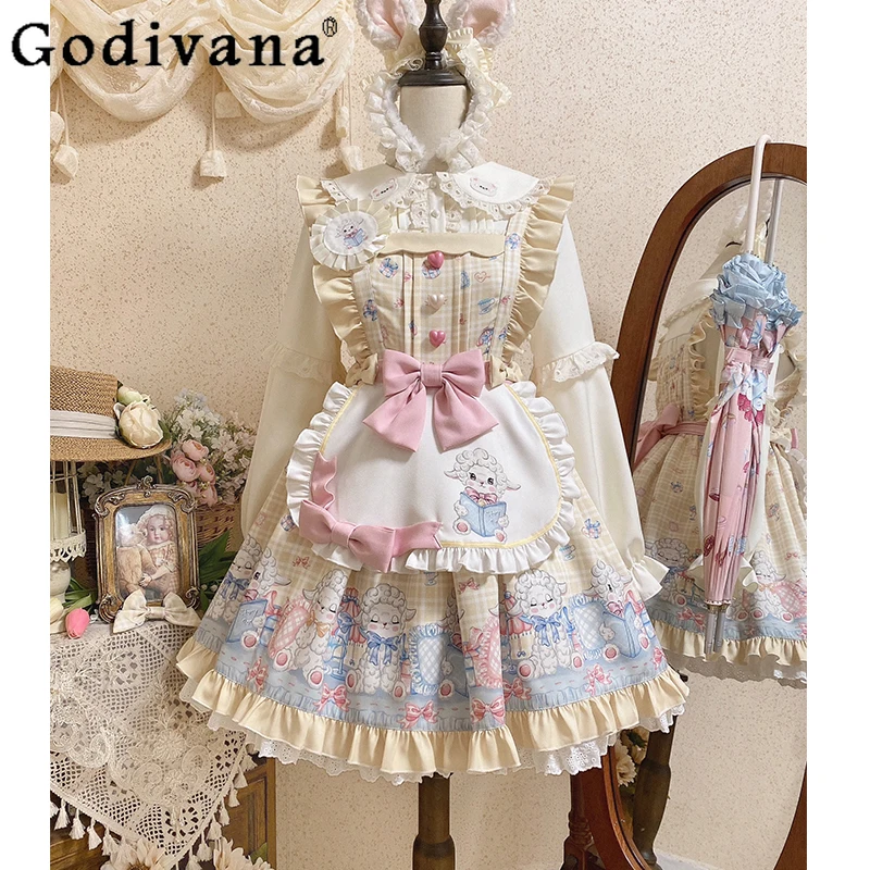 

Original Lolita Suspender Dress Set Female Cute Sweet Girls Lamb Print Big Bow Apron Birthday Delivery Dress Long Sleeve Tops