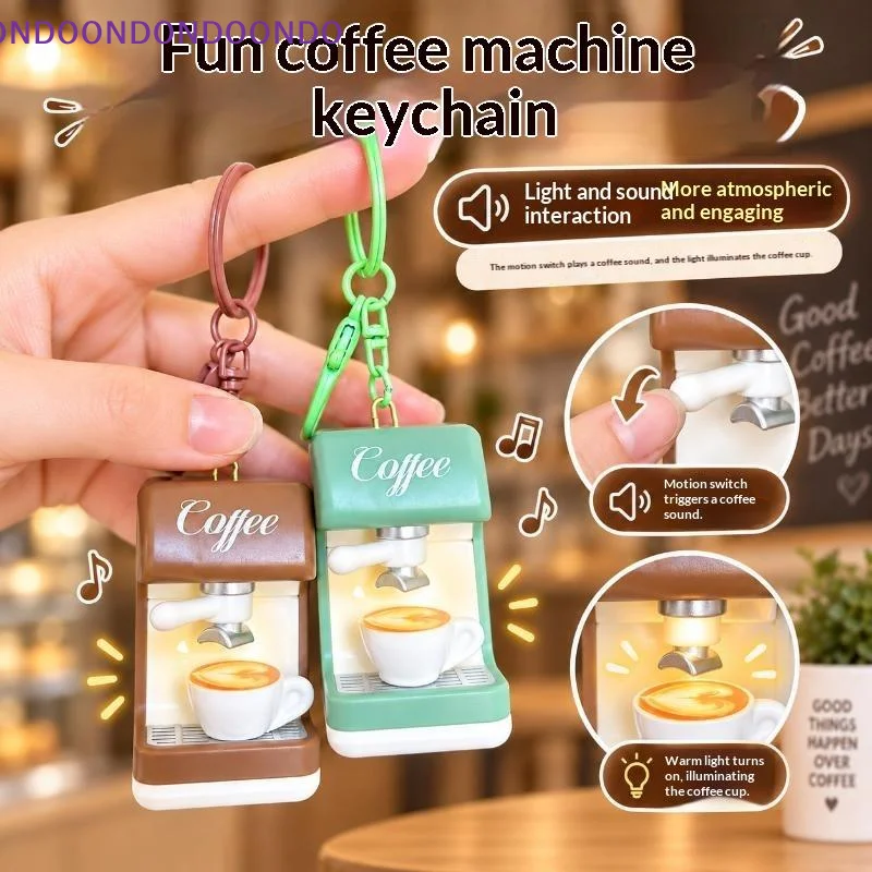 Cute Mini Coffee Machine Keychain Light & Sound Effect Slidable Coffee Handle Simulation Espresso Maker Pendant Bag Gift