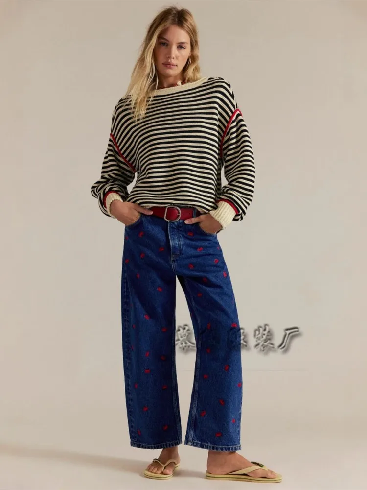 カラーブロッキングストライプニットセーター女性のためのファッション O ネック長袖ルーズプルオーバー秋冬女性カジュアル暖かいセーター