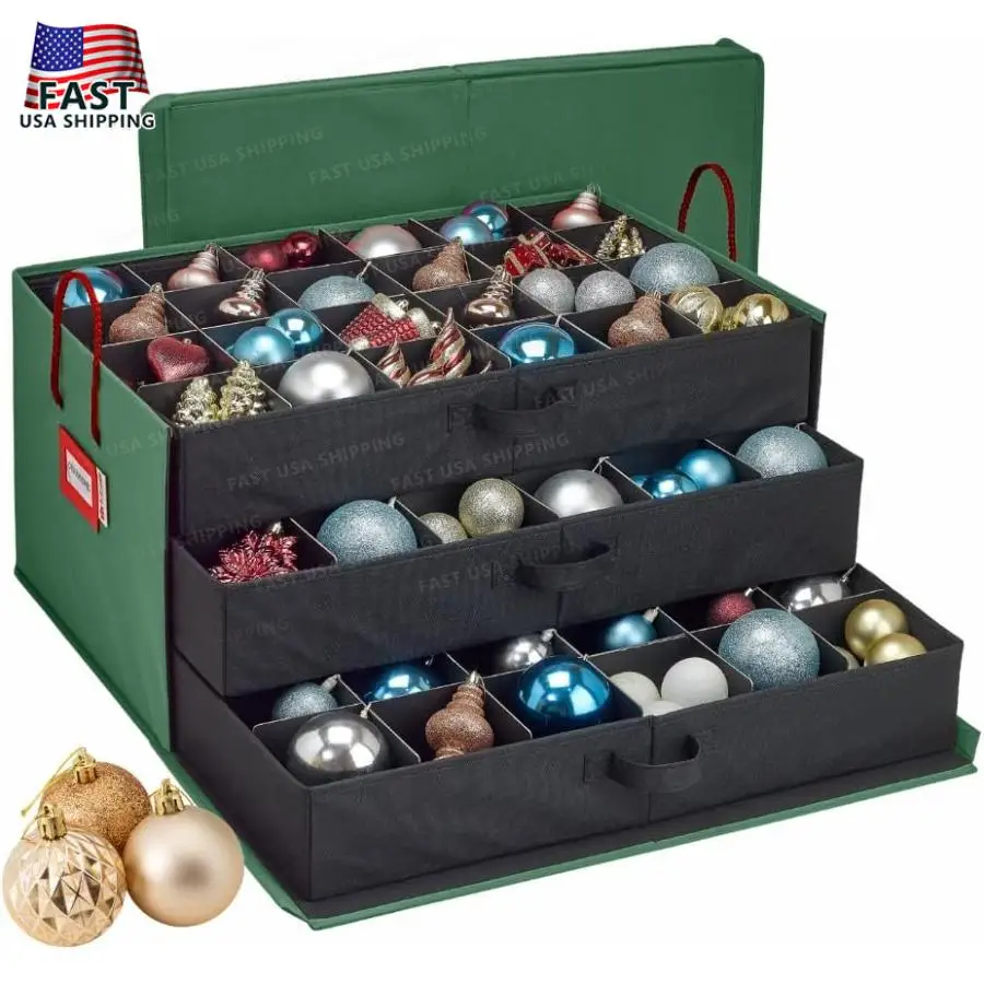 HOLDN STORAGE Christmas Ornament Storage Box with Dividers Holds Up to 72 Ornaments 4 Inches Large Organizer with 3 Stackable T