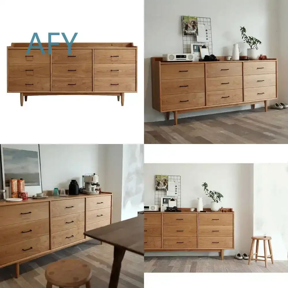 Nordic Solid Wood Nine-Drawer Chest Cabinet for Home Foyer Entrance Dining Room Bedroom Storage Organizer Minimalist Japanese