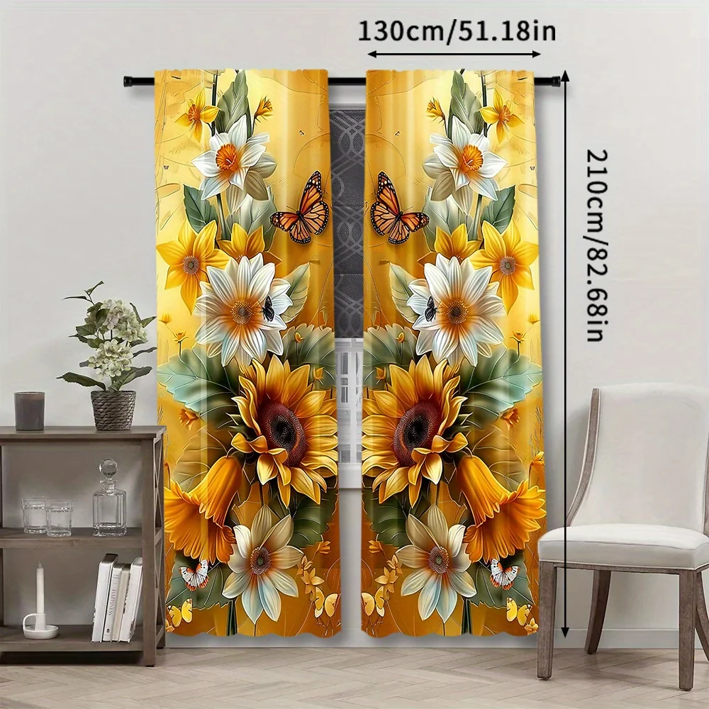 Bright Sunflower Blackout Rod Pocket Curtain Golden Base Daffodil Dahlia Butterfly Floral Print Cozy Living Bedroom Window Decor