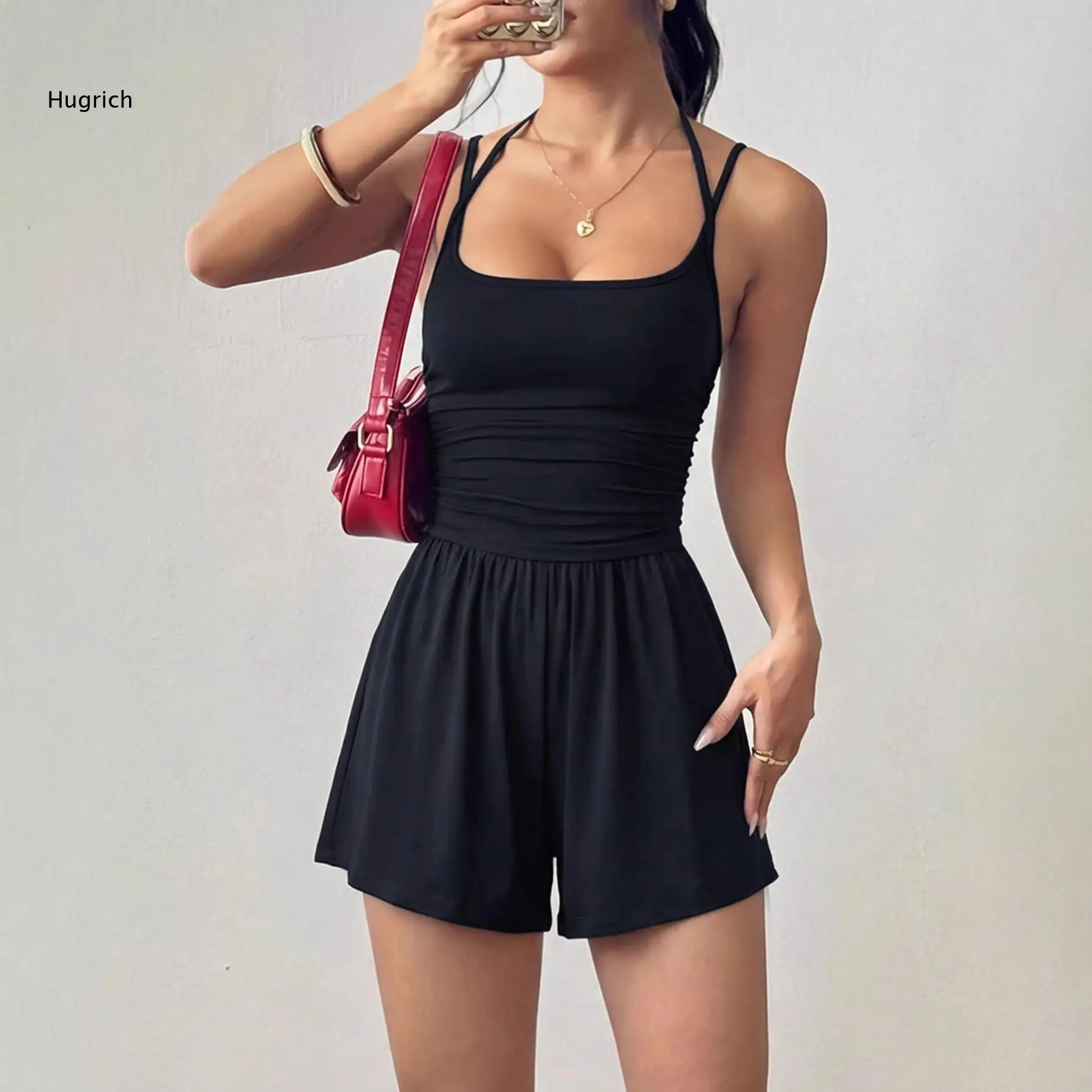 Tank Halter Back Cross Jumpsuit Slimming Ruched Waist Loose Wide Leg Shorts Soft Stretchy Women Casual Clothes