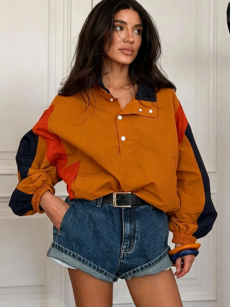 Women's Contrast Pullover Jacket Loose Pockets Stand Collar Half‑Button Long Sleeve Coat 2026 Autumn Lady All-matching Outwears