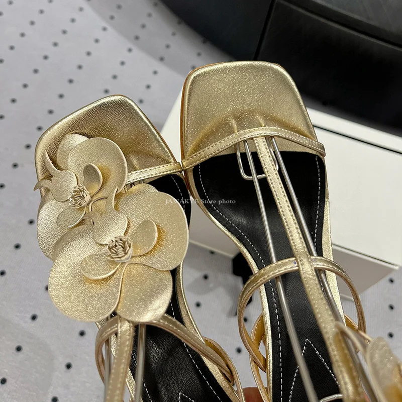 Luxury Flowers Gold High Heel Sandals Women Open Toe Leather Dress Shoes Summer Runway Sexy Party Shoes Woman Banquet Sandals