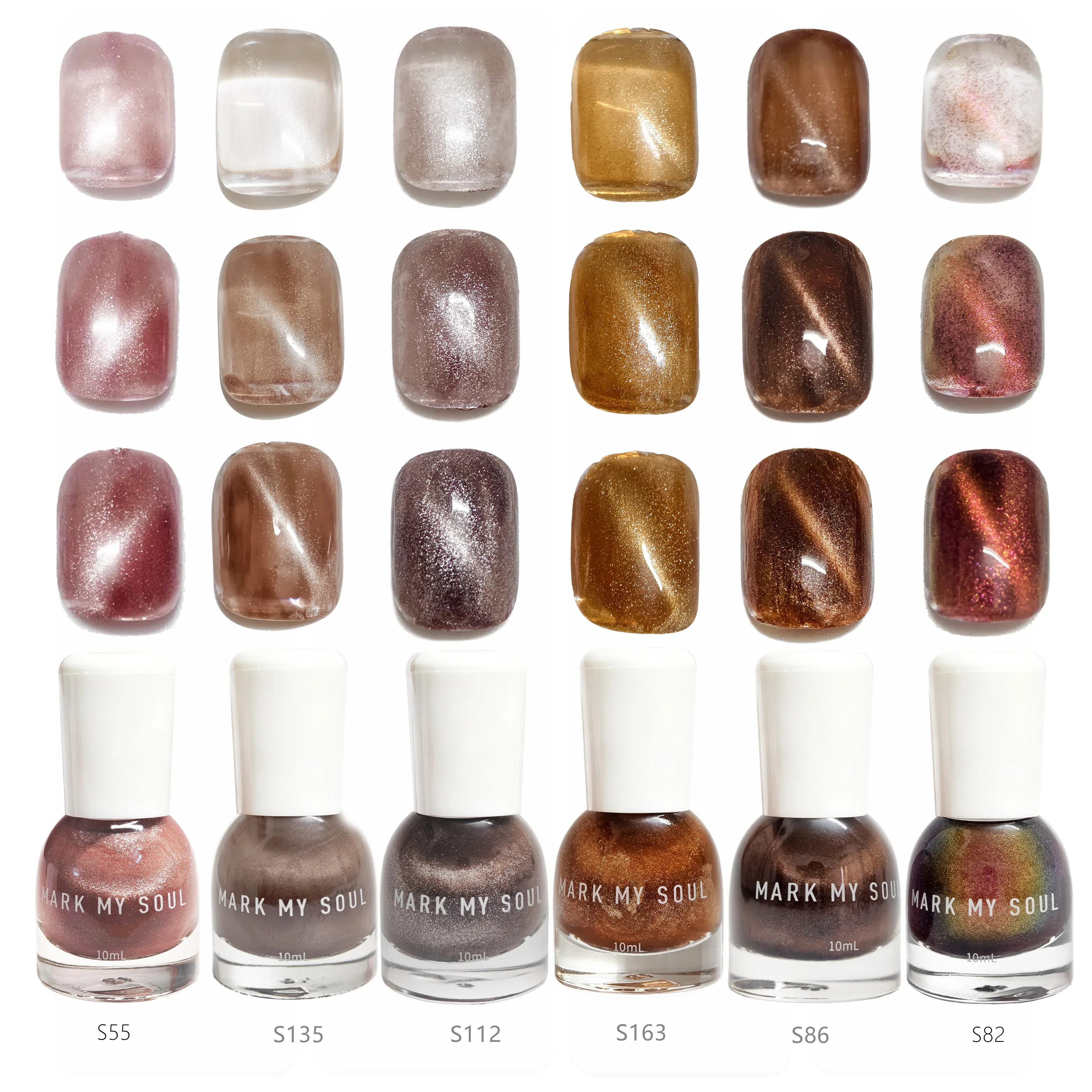 6Pcs Metallic Bronze Glow Cat Eye Nail Polish Kit, MARK MY SOUL No  cure Nail Polish S55/S135/S112/S163/S86/S82, Quick Dry Long