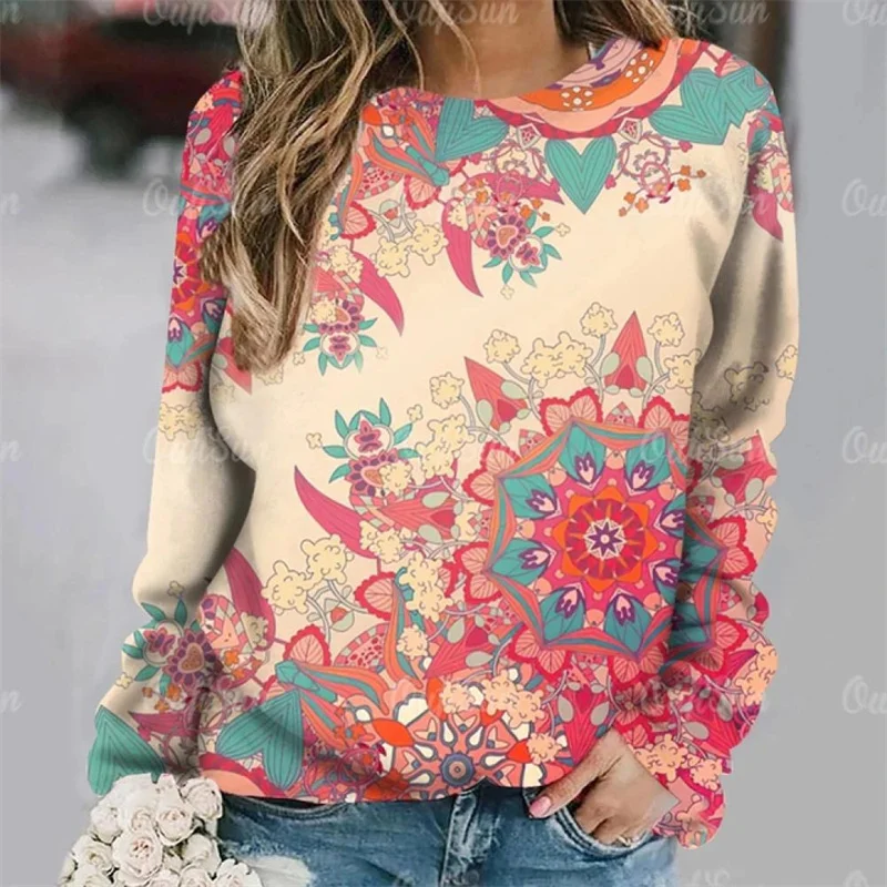 

Винтажная женская футболка с геометрическим принтом, красочные футболки с длинными рукавами и цветами в этническом стиле, осенняя новинка 2025 года, повседневная повседневная футболка