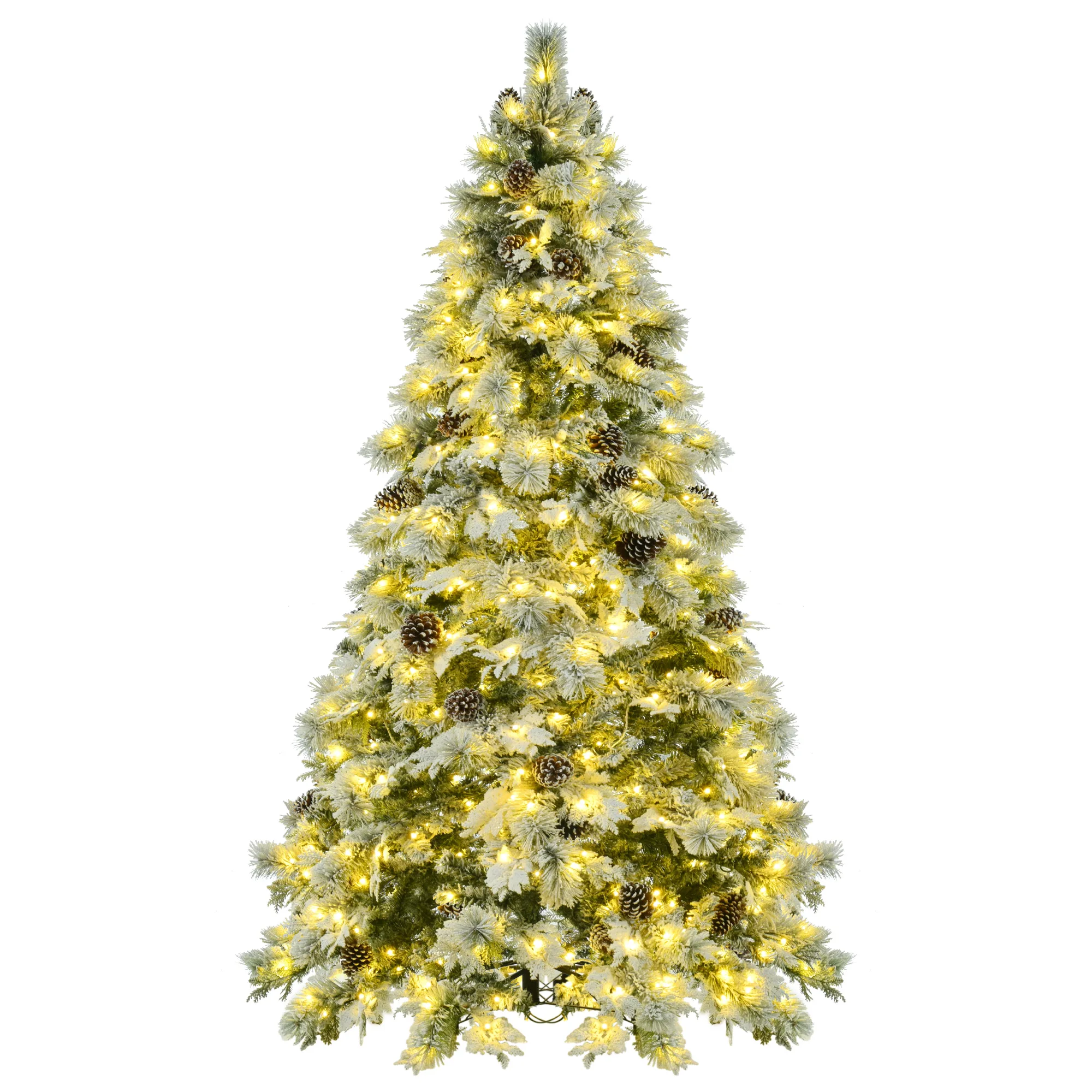 Pre-Lit Spruce Snow Flocked Christmas Tree With Pine Cones Multi-Color LED Lights 11 Flashing Modes Artificial Hinged Xmas Tree