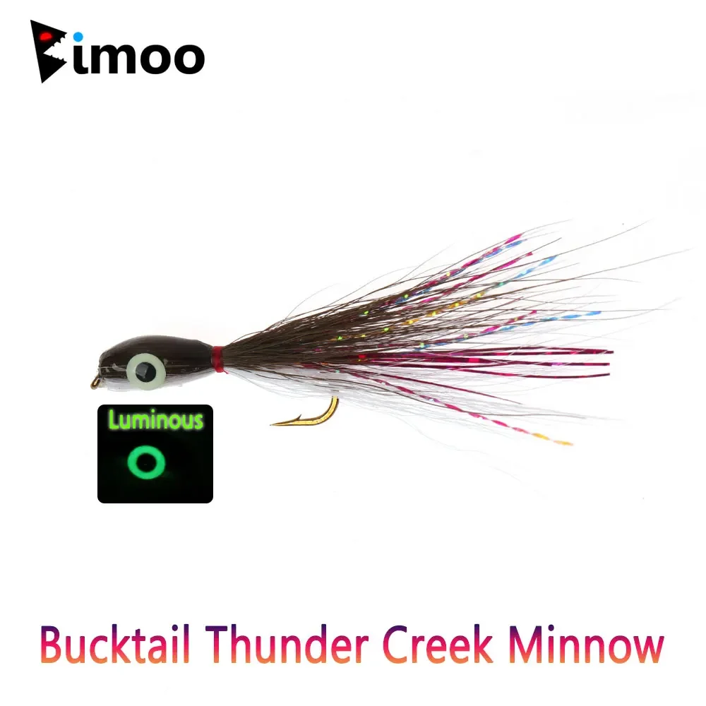 Bimoo 1/2pcs  #8 Luminous 3D Fish Eyes Bucktail Thunder Creek Minnow Fly Small Baitfish Streamer Sea Trout Bass Pike Fish Lures