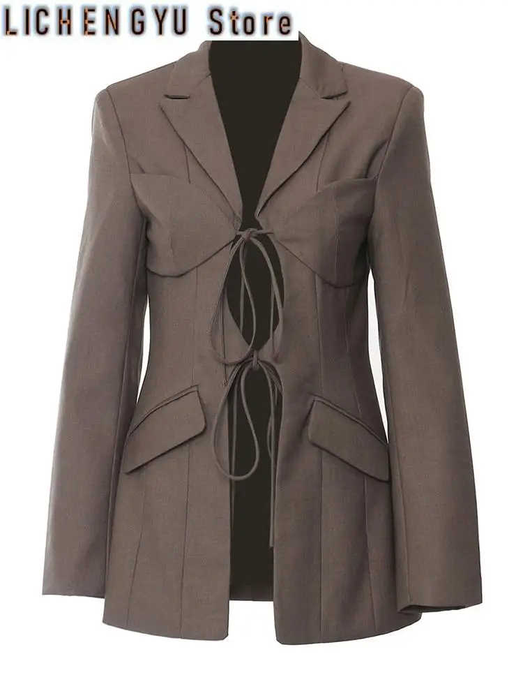 Blazer elegante de vendaje marrón para mujer, chaqueta de manga larga con solapa, tendencia de moda, primavera y otoño