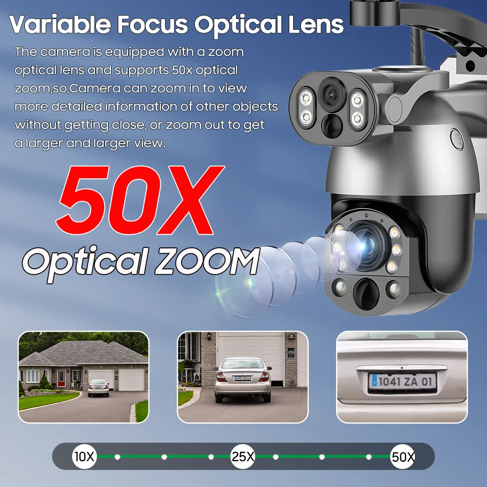 10MP 4K 50X Optical Zoom Home Solar Camera 4G SIM CCTV Outdoor Surveillance WiFi  Security PTZ Auto Tracking Night Vision IP Cam