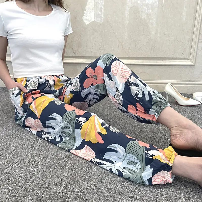 Pajama Pants Woman Rayon Floral Pattern Wide-Legged Trousers Cotton Silk Sleeping Pants Autumn and Winter Outside Homewear Girl