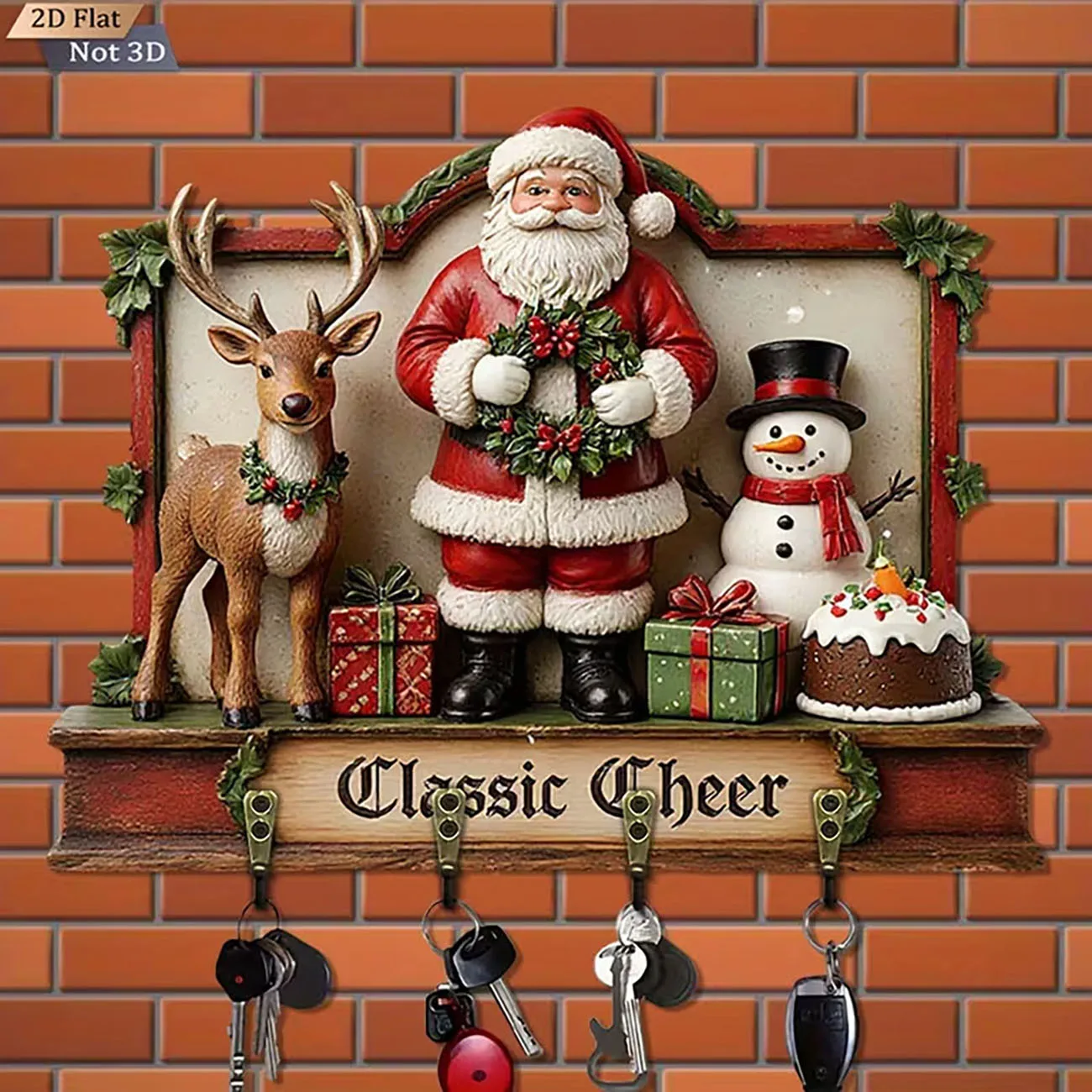 Wooden Christmas Key Holder Wall Decor Santa Reindeer Snowman 2D Flat Print Wall Mount Key Rack for Home Decoration