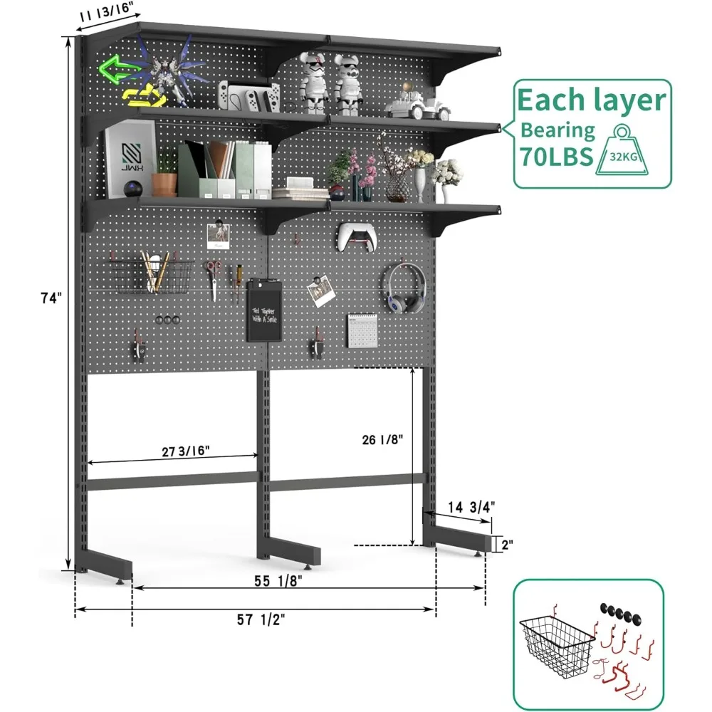 Gaming Pegboard Standing Shelf Units, Modulair Pegboard En Shelf Systeem Met 15 Stuks Organizer Gereedschapshouders