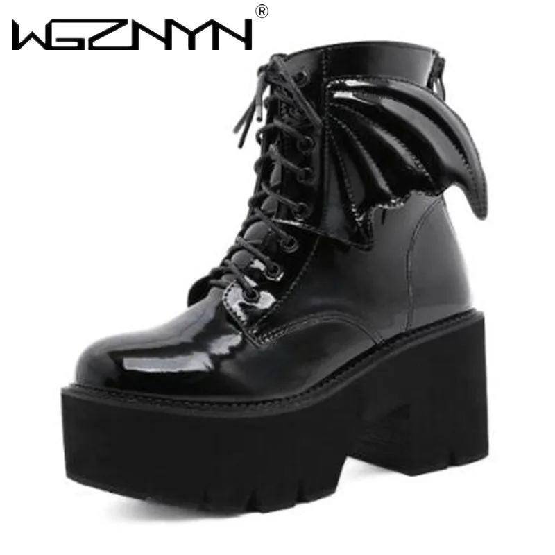 2024 Damskie czarne buty z zamkiem błyskawicznym z tyłu na grubym obcasie Punk Goth Style Lace Up Solid Color Platform Short Boots for Women Fashion