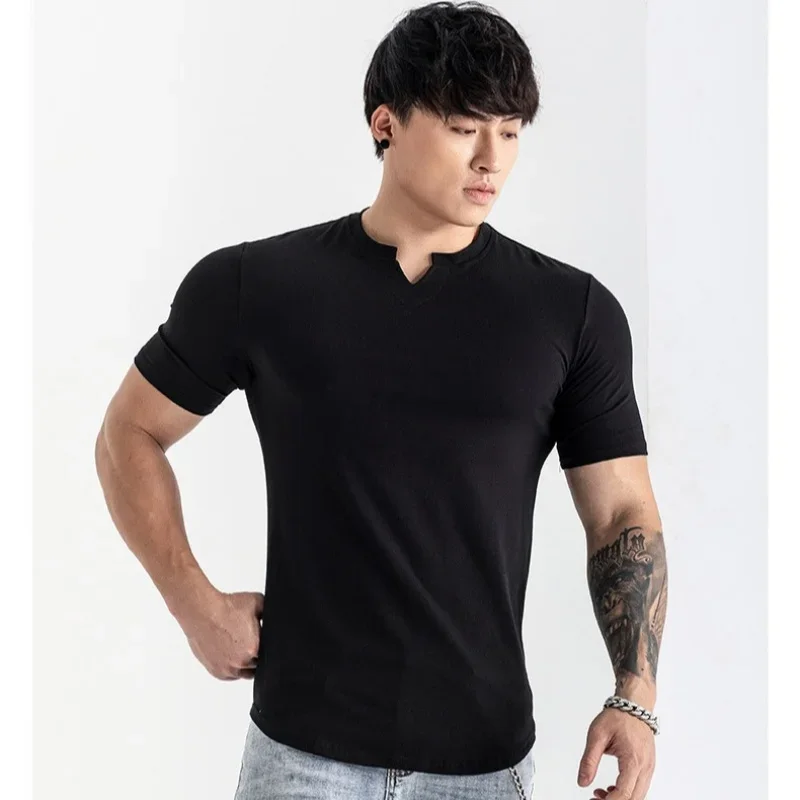 2024Summer Men T-Shirt V-Neck Short Sleeve Clothes Hip Hop Fashion Trend Comfortable Running And Fitness Motion V-Neck Top