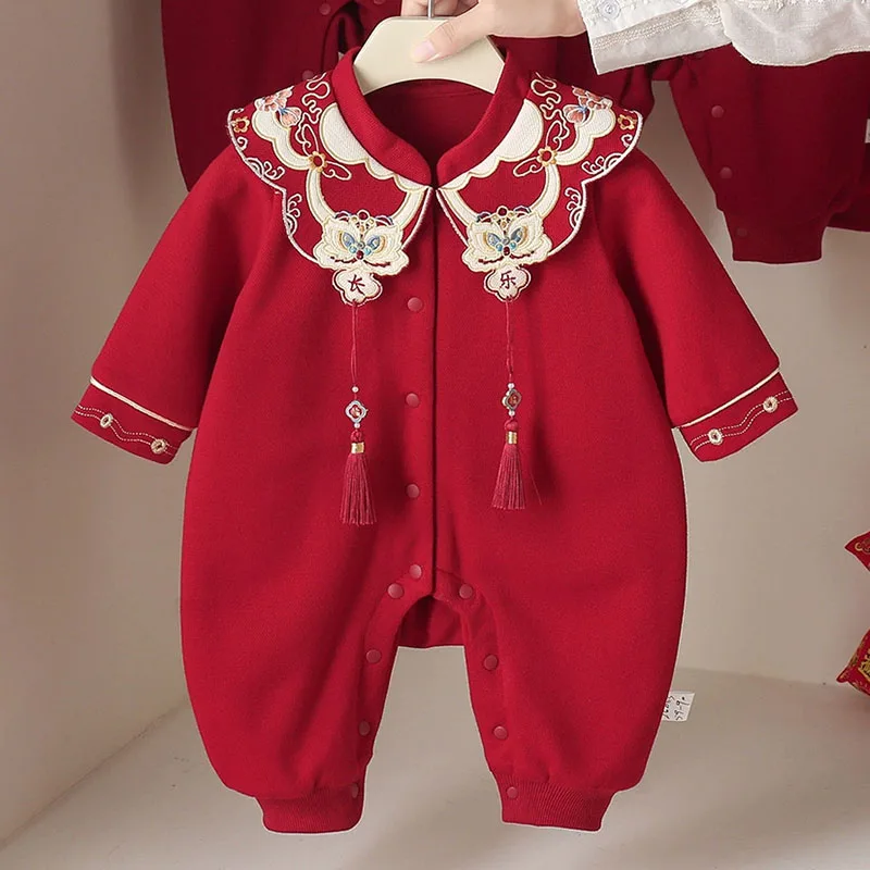

Autumn Baby Girls Clothes 0 To 3 Months Chinese New Year Baby Outfit Embroidery Cute Long Sleeve Red Jumpsuit Newborn Items B207