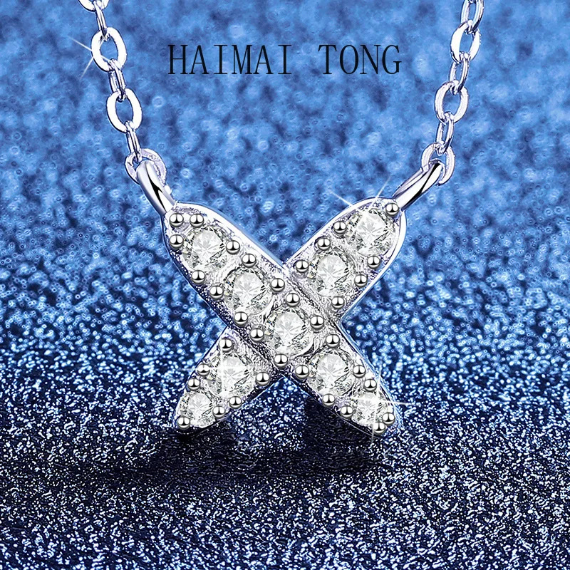 

HAIMAITONG PT950 Platinum T Home Full Diamond Moissanite Necklace Clavicle Chain Simple Korean Version X-Type Niche Design Neckl