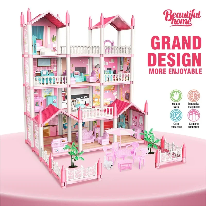 Casa de muñecas grande, montaje Diy, Villa, Castillo de princesa con muebles, mascotas, casa de juego de imitación, juguetes para niñas, regalos de navidad