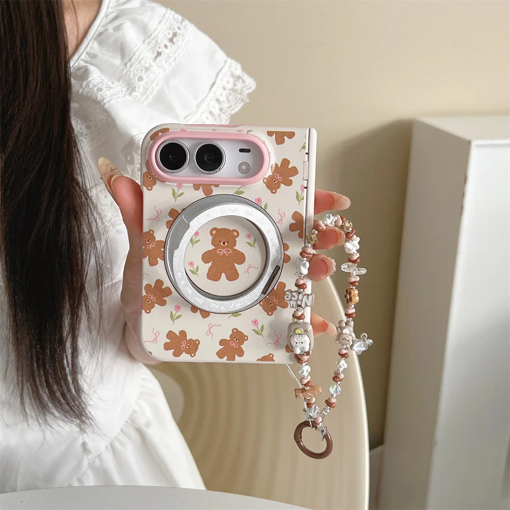 Korean Cute Flowers plants Bear Folding Phone Case For iPhone Duo With 360° Magnetic Stand Shockproof cases For Magsafe