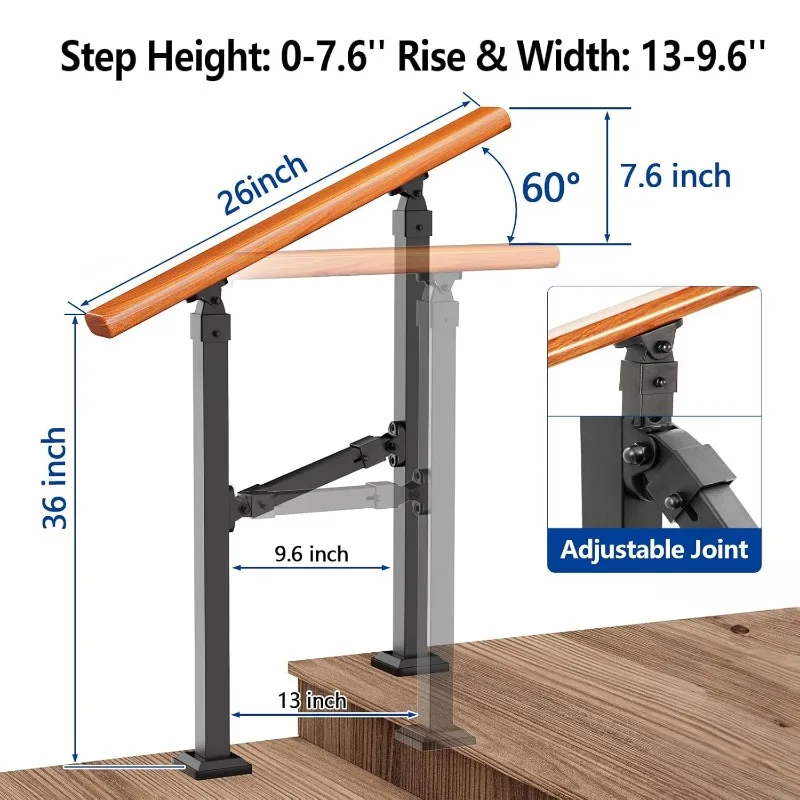 Hand Rails for Outdoor Steps, Iron Wood-Grain  Stair Railing Indoor, Adjustable Exterior Hand Rails Kit for Concrete Steps,